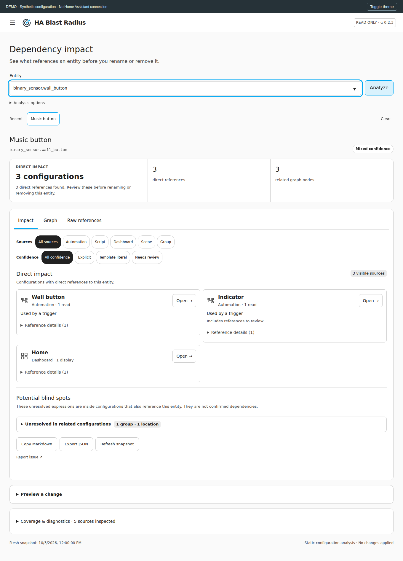 HA Blast Radius Home Assistant panel showing impact analysis for an entity